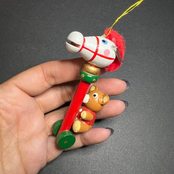 VTG Lot of 3 Ceramic & Wooden Bear Stocking & Riding Horse Christmas Ornaments - Picture 10 of 10